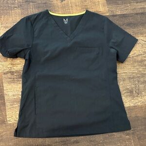 Black V-Neck Medical Scrub Top with Lime Trim - M
